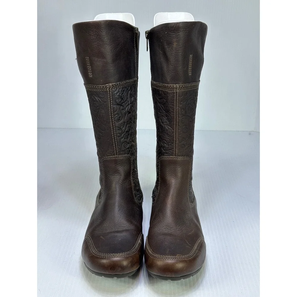 Timberland Earthkeepers Brown Leather Floral Embossed Tall Boots 20659 Women 8.5